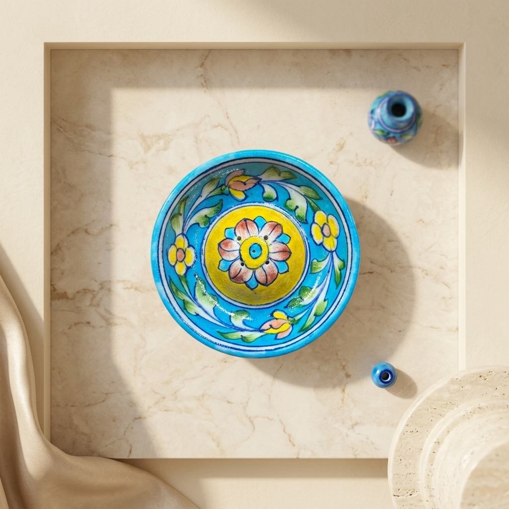 Jaipur Blue Pottery circular incense holder with teal rim, yellow dome center, and multicolour floral motif