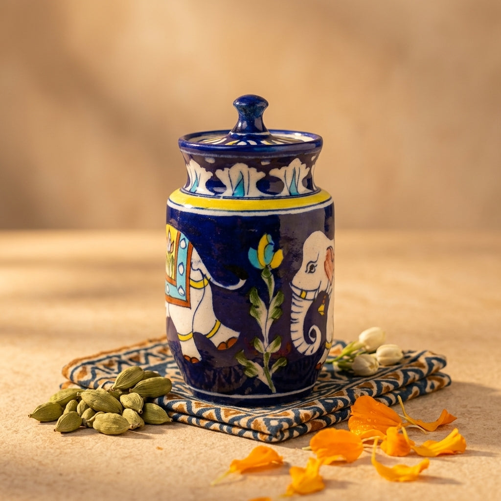 Jaipur Blue Pottery decorative jar handpainted with white elephant and traditional cobalt blue, festive Indian home décor context