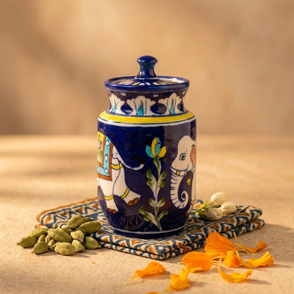 Jaipur Blue Pottery decorative jar handpainted with white elephant and traditional cobalt blue, festive Indian home décor context