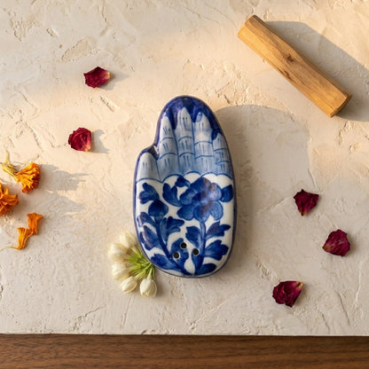 Blue Pottery Hamsa incense stand with white botanical vine motif, artisan luxury home and puja décor