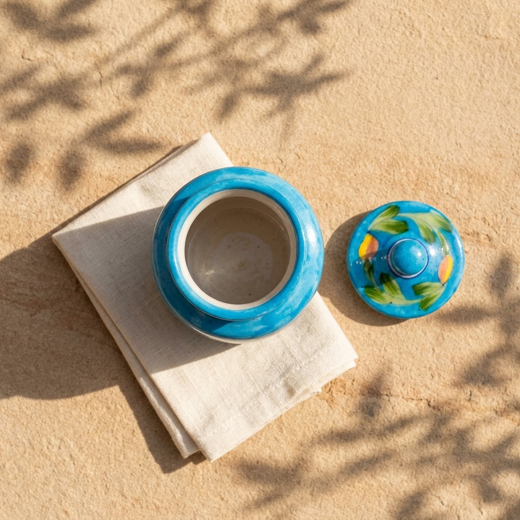 Jaipur Blue Pottery jar with lid placed beside, interior and floral exterior visible