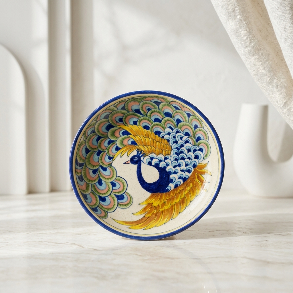 Jaipur Blue Pottery dinner plate with peacock and feather design, photographed at an angle on white to show profile