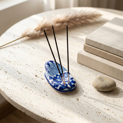 Jaipur Blue Pottery palm incense holder for meditation room décor, cobalt vine motif, three sticks