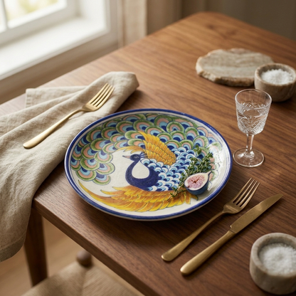 Peacock-motif Jaipur Blue Pottery plate styled on a wooden table with gold cutlery and glassware
