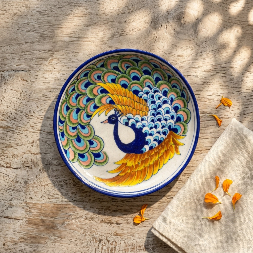 Jaipur Blue Pottery plate with peacock motif surrounded by marigold petals in dappled afternoon sunlight