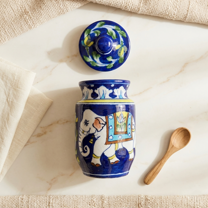 Jaipur Blue Pottery storage jar with hand-painted elephant on cobalt and with removable knob-top lid, open storage view