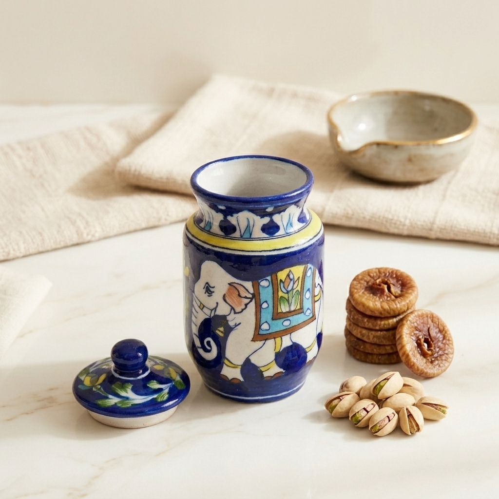 Jaipur Blue Pottery storage jar with handpainted elephant motif in cobalt blue, used as a biscuit or dry food container