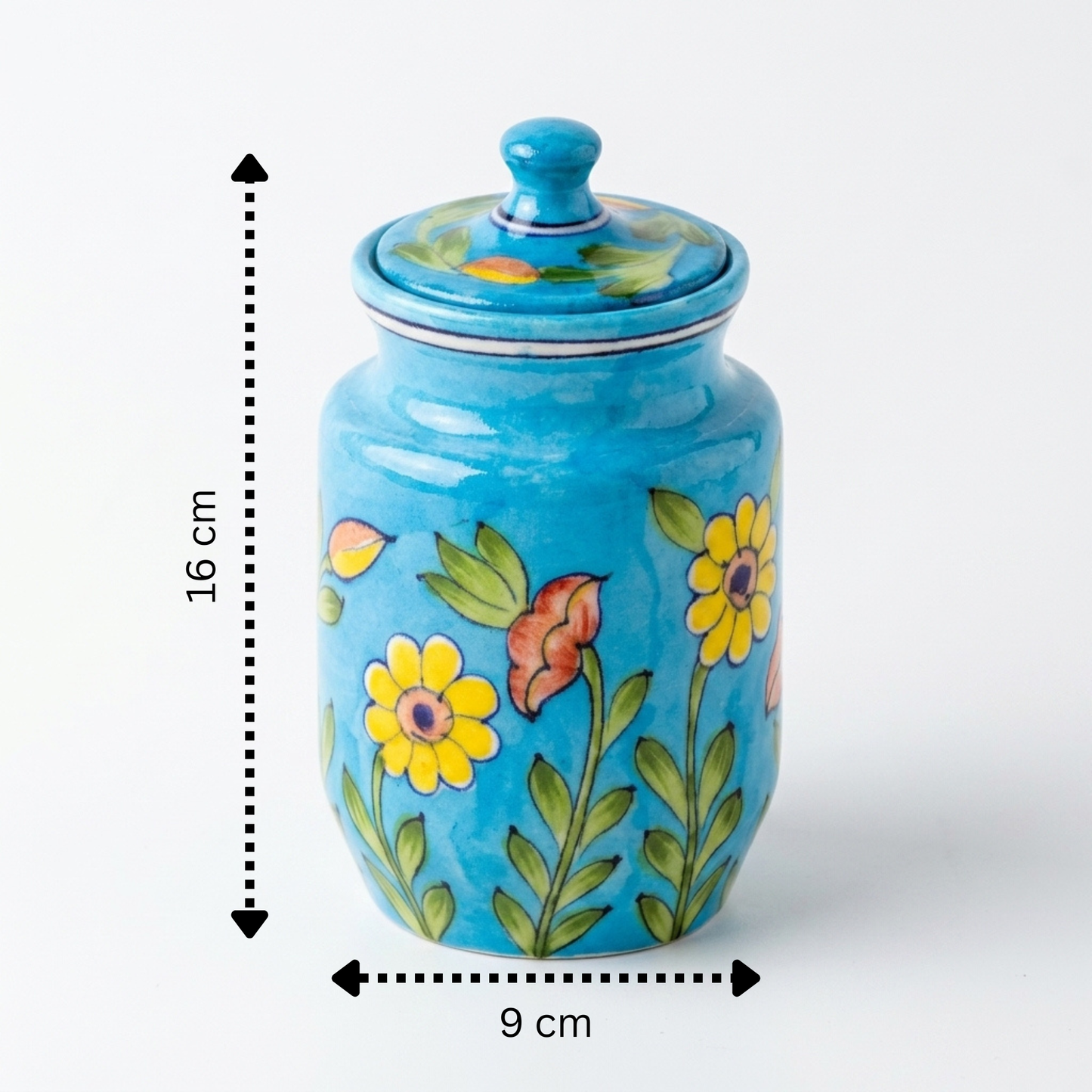 Jaipur Blue Pottery with lid storage jar size — 16cm height, turquoise glaze with sunflower floral motif