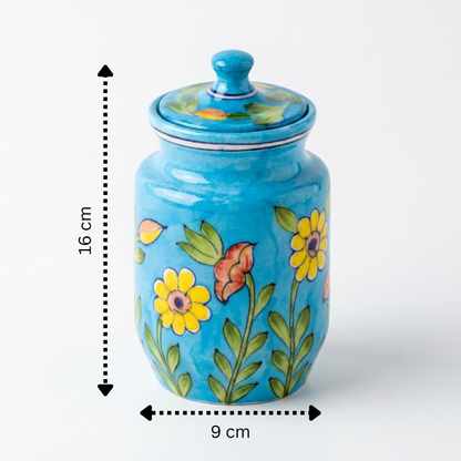 Jaipur Blue Pottery with lid storage jar size — 16cm height, turquoise glaze with sunflower floral motif