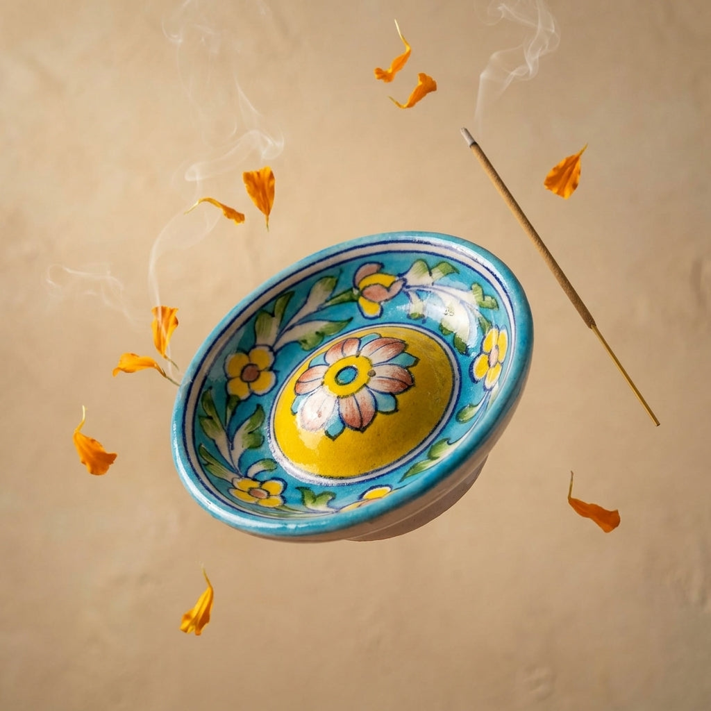 Jaipur Blue Pottery turquoise incense holder with smoke rising from a single agarbatti, marigold petals beside