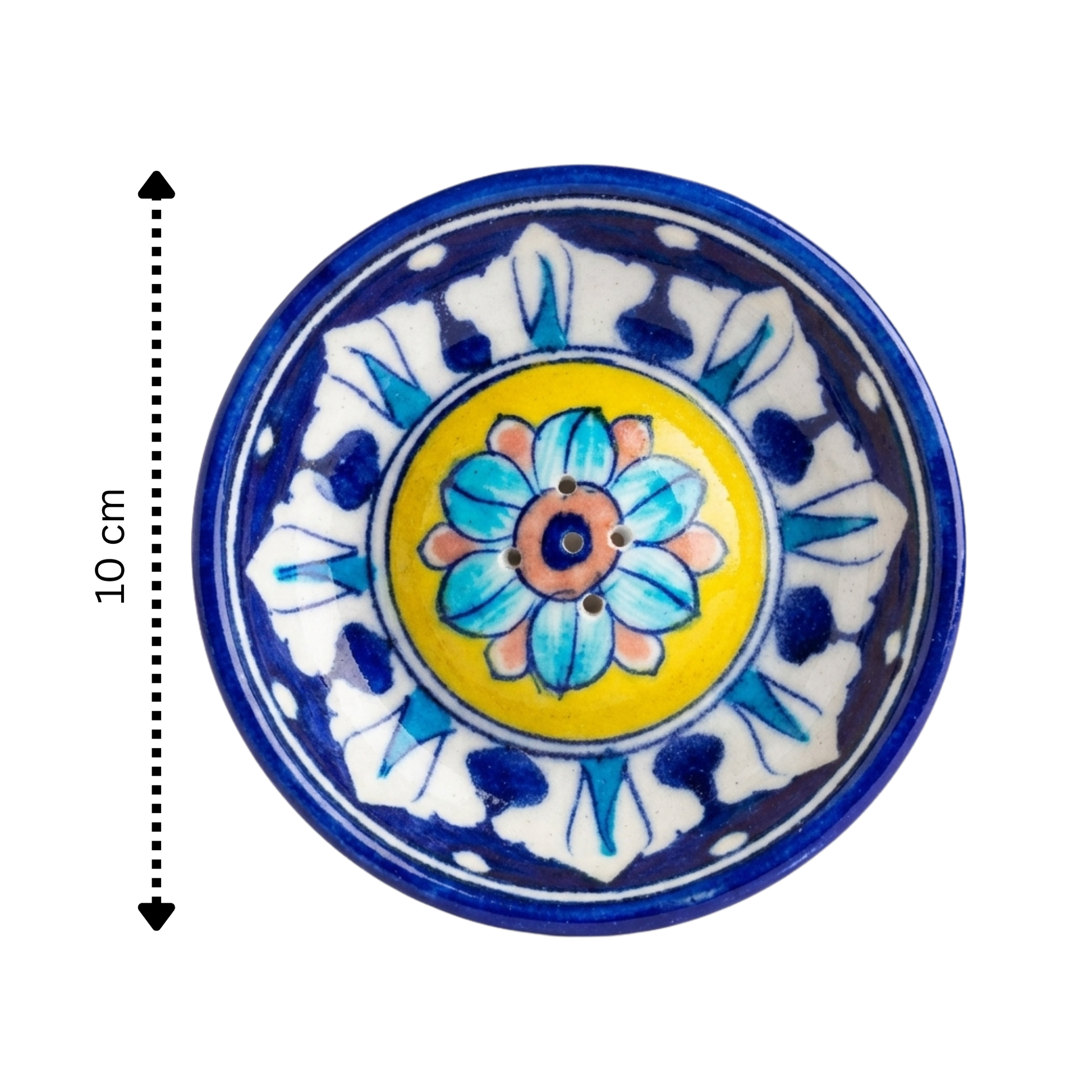 Jaipur Blue Pottery incense holder size reference — 10cm diameter, cobalt and yellow lotus motif
