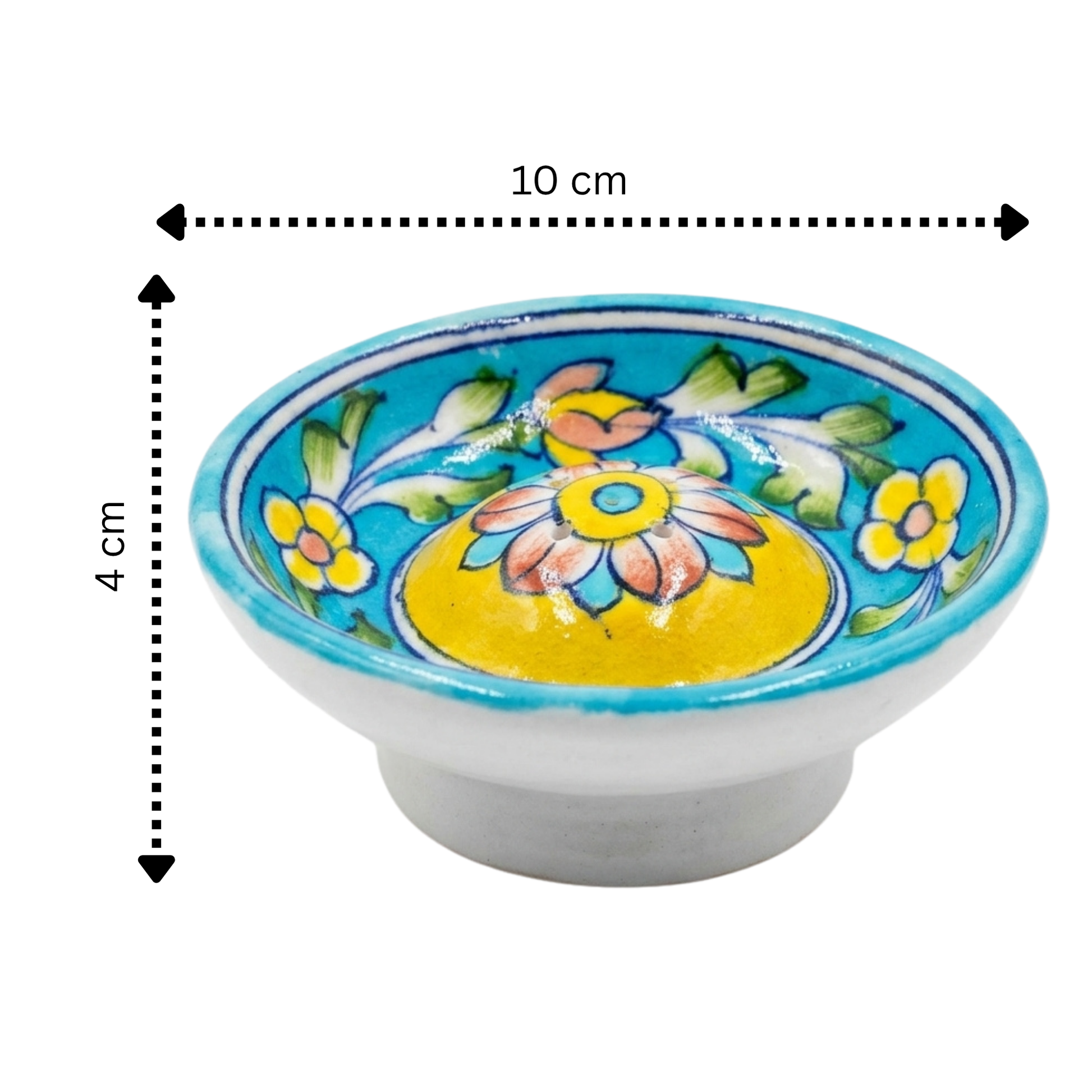 Jaipur Blue Pottery incense holder size reference — 10cm wide, 4cm height, teal and yellow floral design