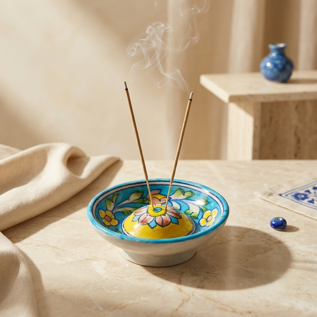 Blue Pottery incense stick holder with two agarbattis, turquoise glaze, traditional prayer room décor