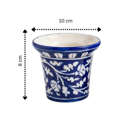 Jaipur Blue Pottery planter size reference — 10cm wide, 8cm tall, cobalt body with white floral vine motif
