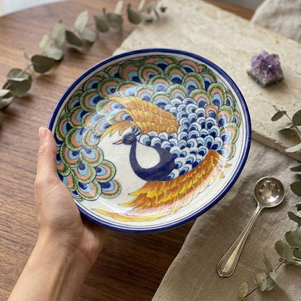 Jaipur Blue Pottery serving plate with peacock motif, eucalyptus sprigs and lavender on a soft-lit surface