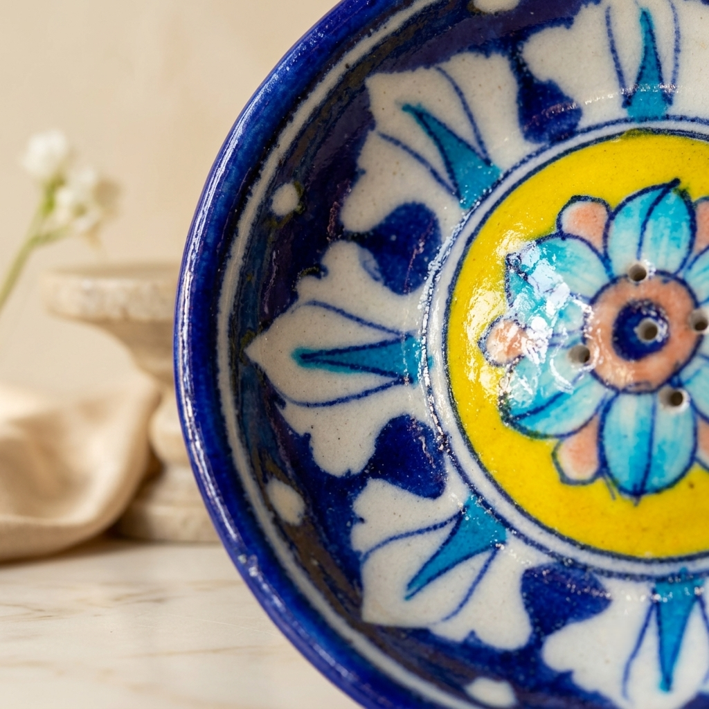Close-up of a Jaipur blue pottery ceramic incense holder with a blue, yellow, and white floral pattern.  