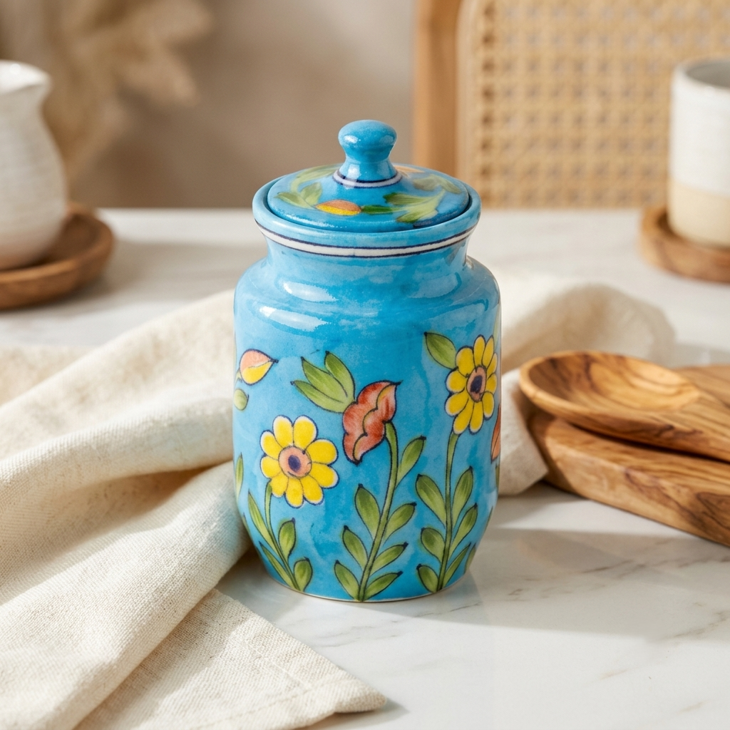 Light blue Jaipur Blue Pottery jar with hand-painted yellow sunflower and red wildflower botanical motif