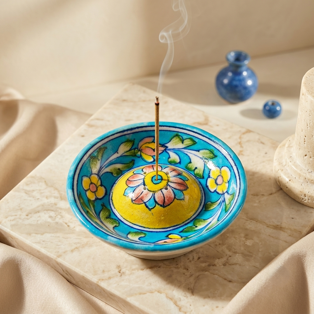 Light blue ceramic incense holder with single lit agarbatti, yellow dome and teal floral motif, pooja use