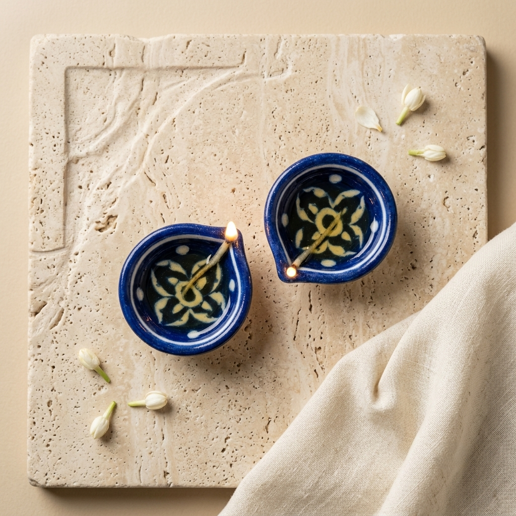 Pair of Jaipur Blue Pottery diyas with intricate white floral motifs displayed on a textured handcrafted backdrop