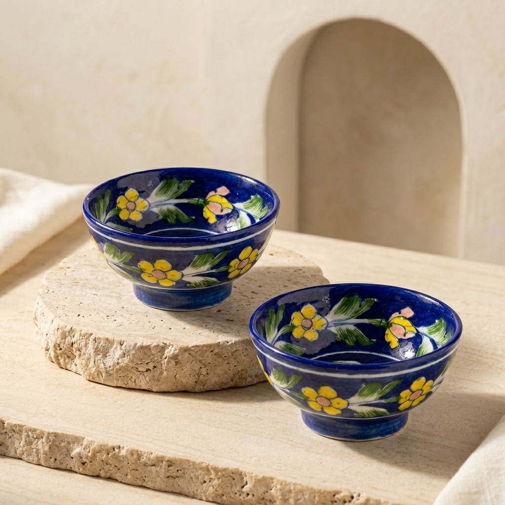Pair of Jaipur Blue Pottery bowls handcrafted by Jaipur artisans with classic floral motifs for elegant tableware