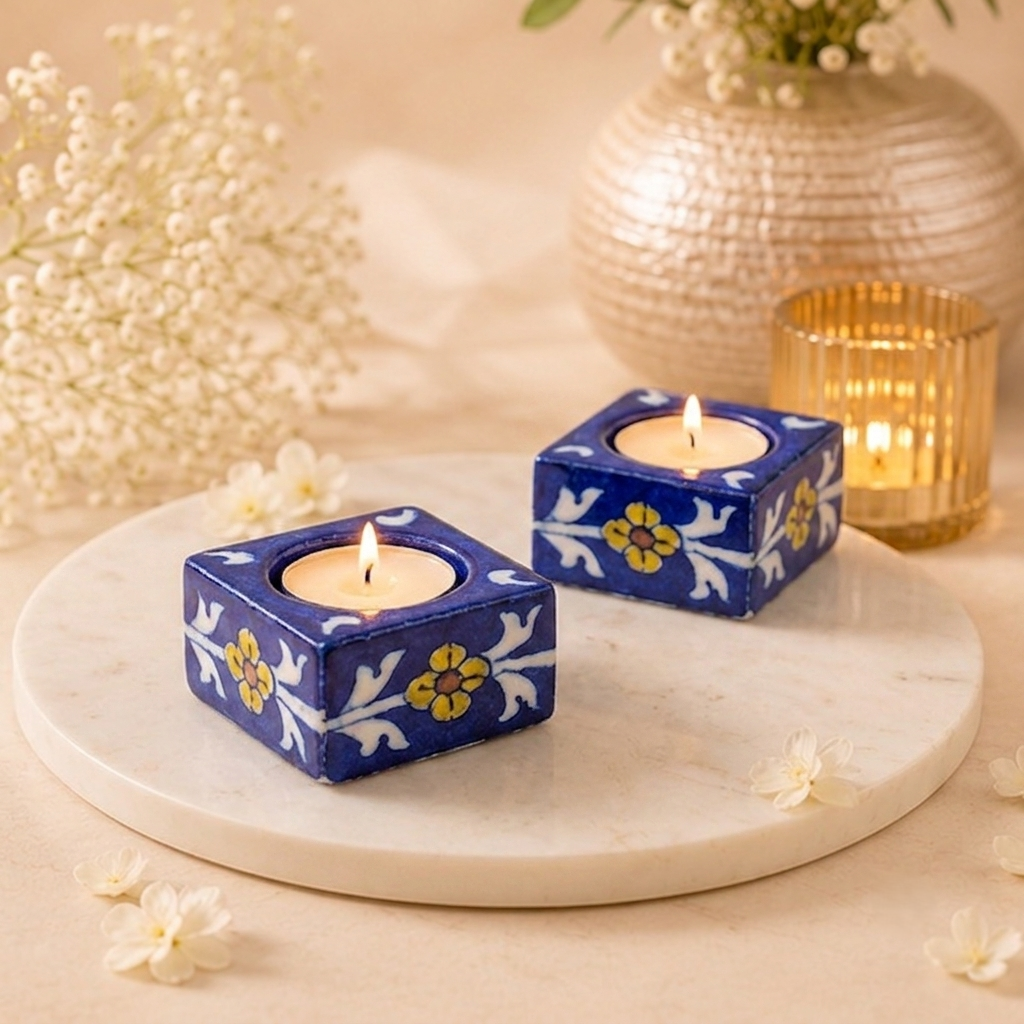 Pair of Jaipur Blue Pottery tealight candle holders displayed on a decorative tray for festive table décor