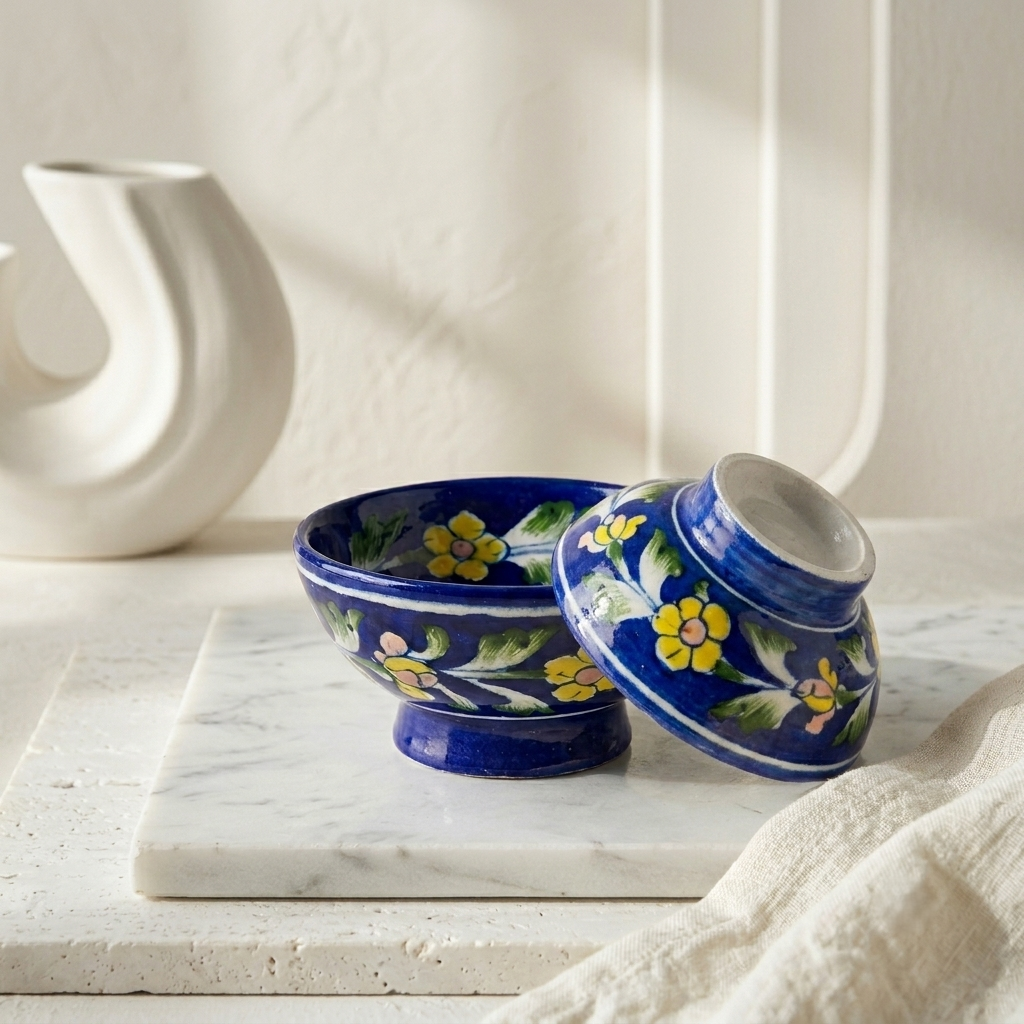 Rajasthani Blue Pottery bowl handcrafted in Jaipur, clean neutral background, complete cobalt and yellow botanical design visible