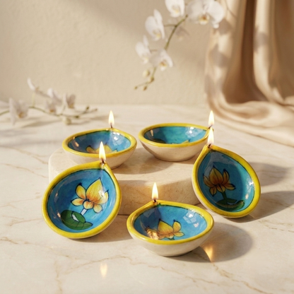 Hand-Painted Turquoise Lotus Diya
