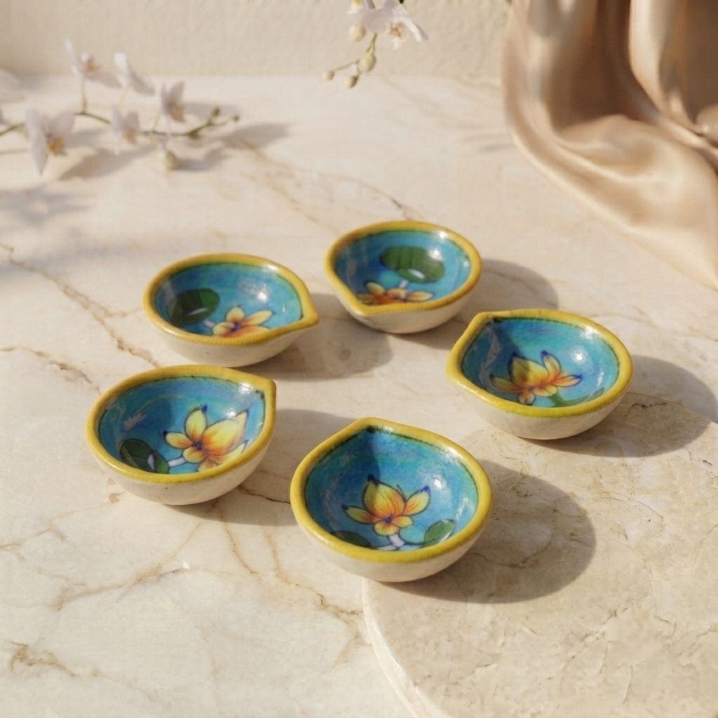 Hand-Painted Turquoise Lotus Diya