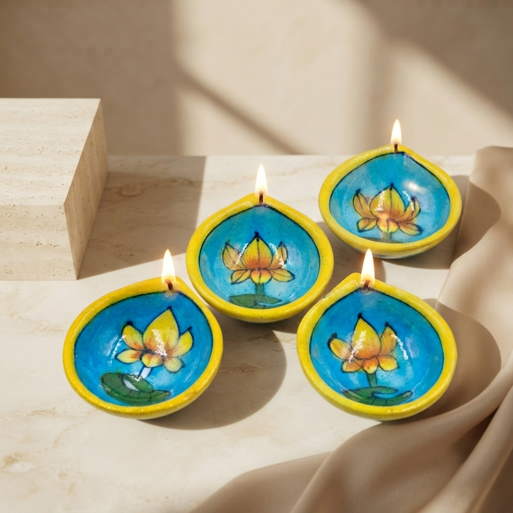 Hand-Painted Turquoise Lotus Diya