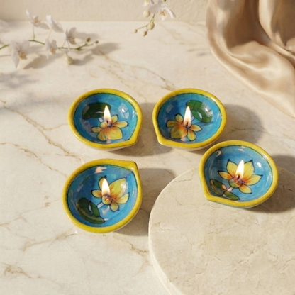 Hand-Painted Turquoise Lotus Diya