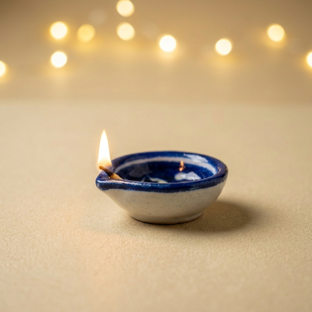 Set of one Jaipur Blue Pottery diya with white floral motif against a soft warm bokeh background
