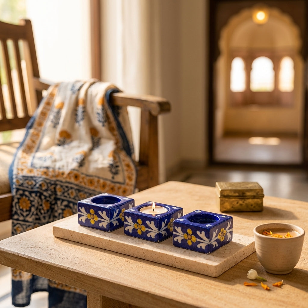 Luxury Jaipur Blue Pottery candle holder collection styled in a modern living room featuring handcrafted traditional artistry of Jaipur