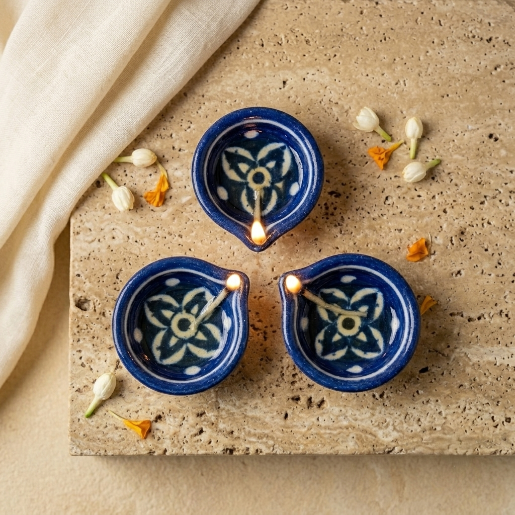 Three hand-painted Jaipur Blue Pottery diyas arranged in a floral clover pattern with delicate white flower petals