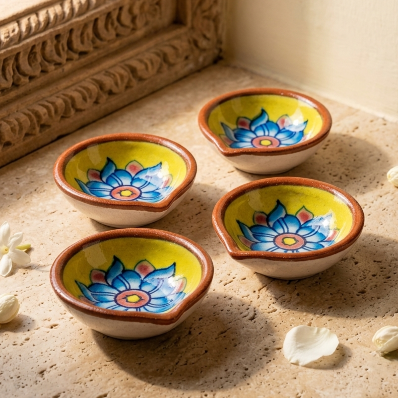 Set of four handcrafted Jaipur Blue Pottery diyas with blue lotus motifs arranged on a stone surface in natural light