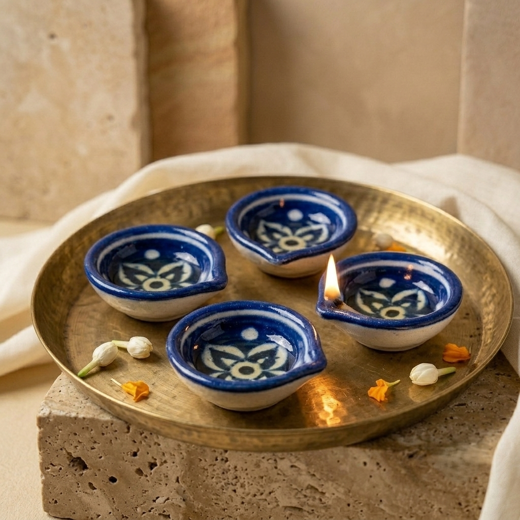 Set of four Jaipur Blue Pottery diyas styled on a brass tray with warm neutral home décor accents