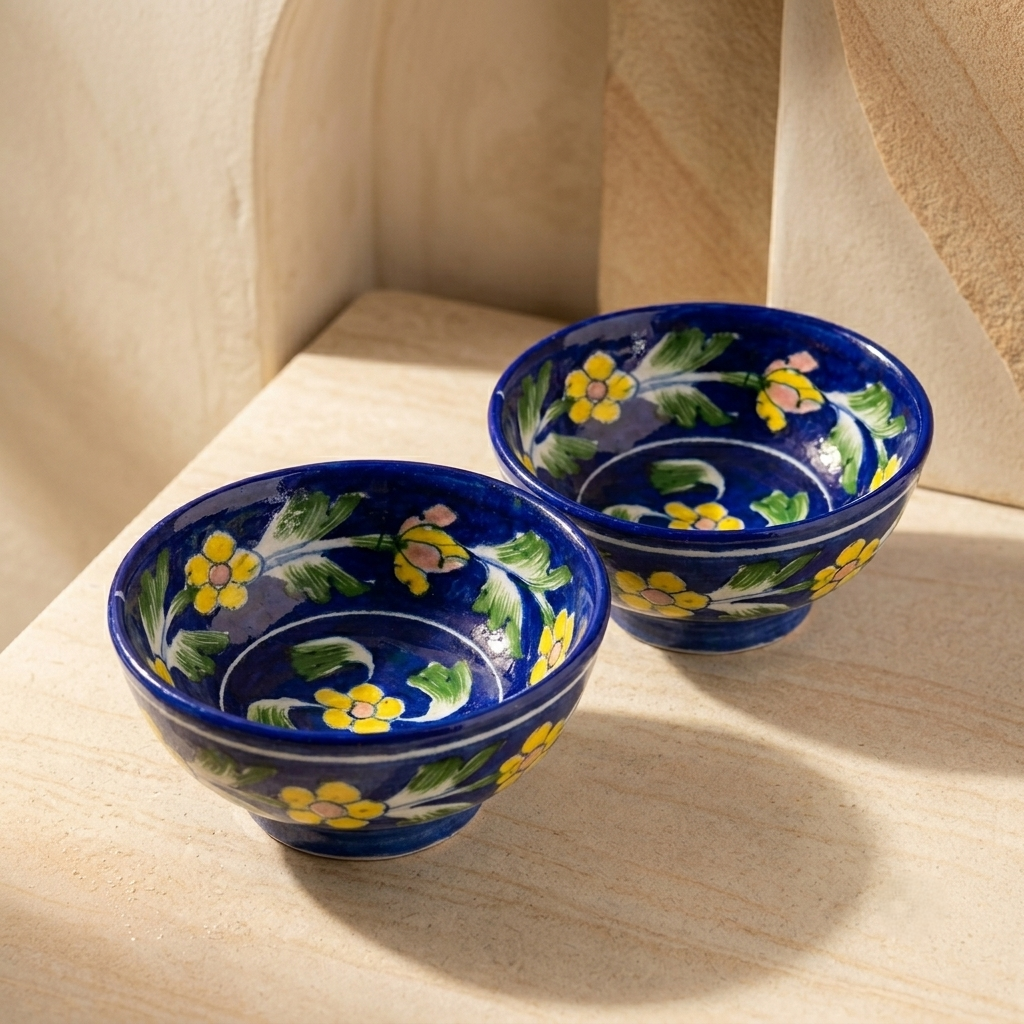 Set of handcrafted Jaipur Blue Pottery bowls featuring traditional Rajasthani floral patterns and glossy finish