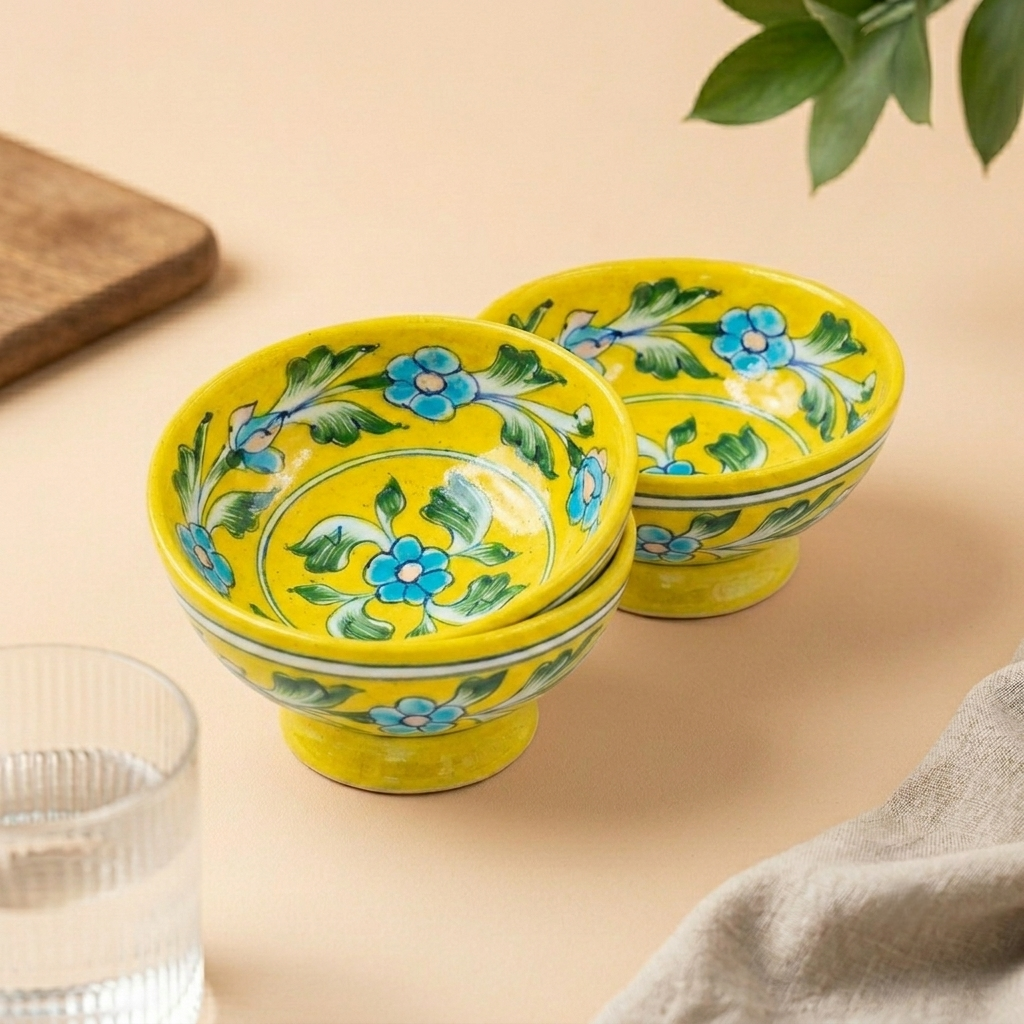 Set of Jaipur Yellow Blue Pottery bowls with hand-painted blue flowers and green vines displayed on a neutral surface