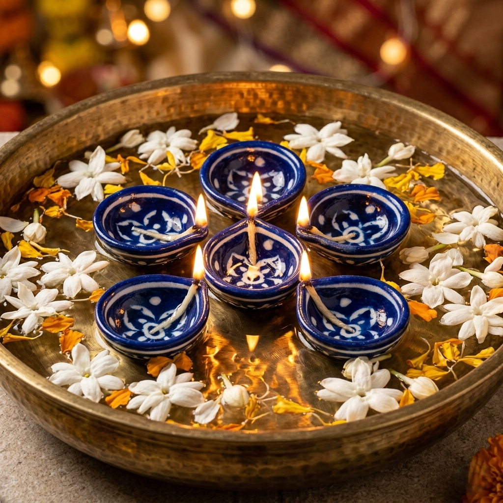 Six lit Jaipur Blue Pottery diyas arranged in a circular brass urli with floating flowers and festive ambience, Diwali Decor