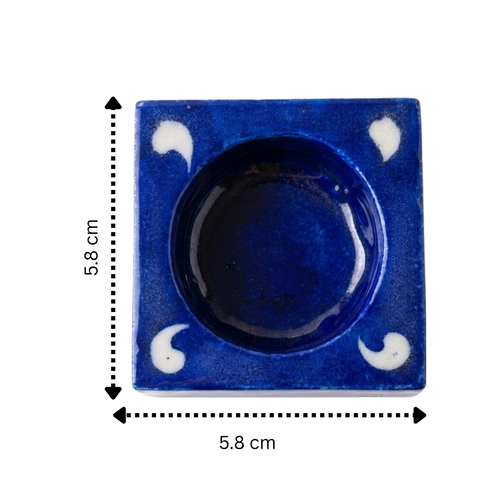 Top view of a handcrafted Jaipur Blue Pottery square tealight candle holder with traditional floral artwork with size reference
