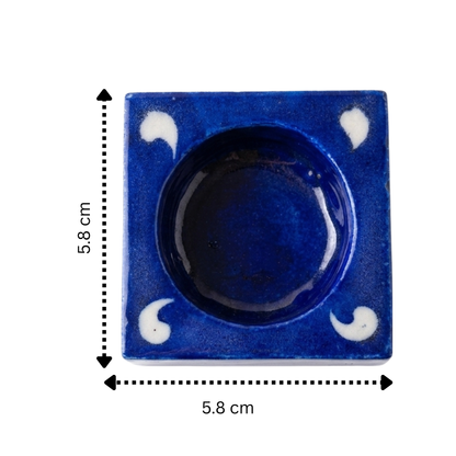 Top view of a handcrafted Jaipur Blue Pottery square tealight candle holder with traditional floral artwork with size reference