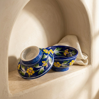 Traditional cobalt blue Blue Pottery bowl handcrafted in Jaipur with hand-painted floral detailing and artisan craftsmanship