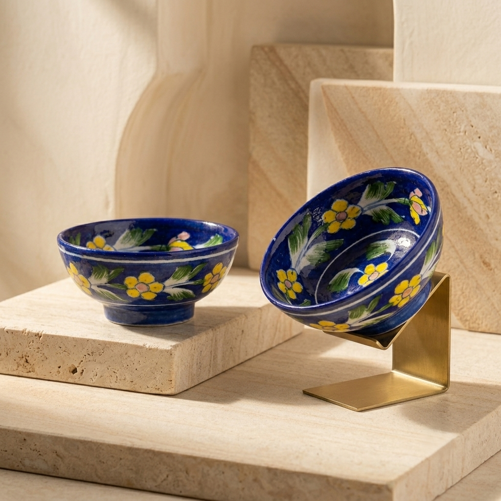 Traditional Jaipur Blue Pottery serving bowls handcrafted by Jaipur artisans with traditional floral artwork