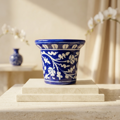 Traditional Jaipur Blue Pottery planter with white scrolling botanical vine on cobalt, empty product view