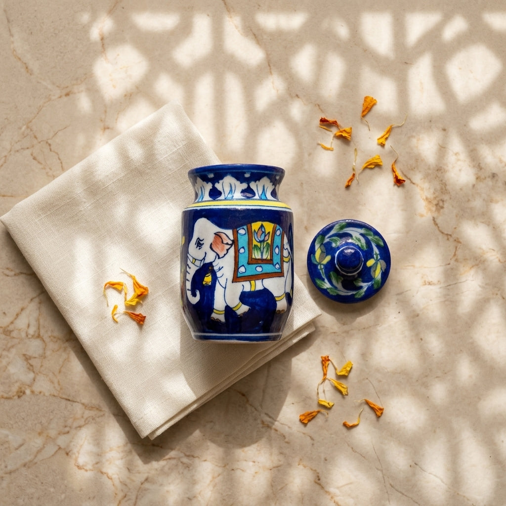 Traditional Jaipur Blue Pottery storage jar with elephant motif, displayed in a carved heritage interior
