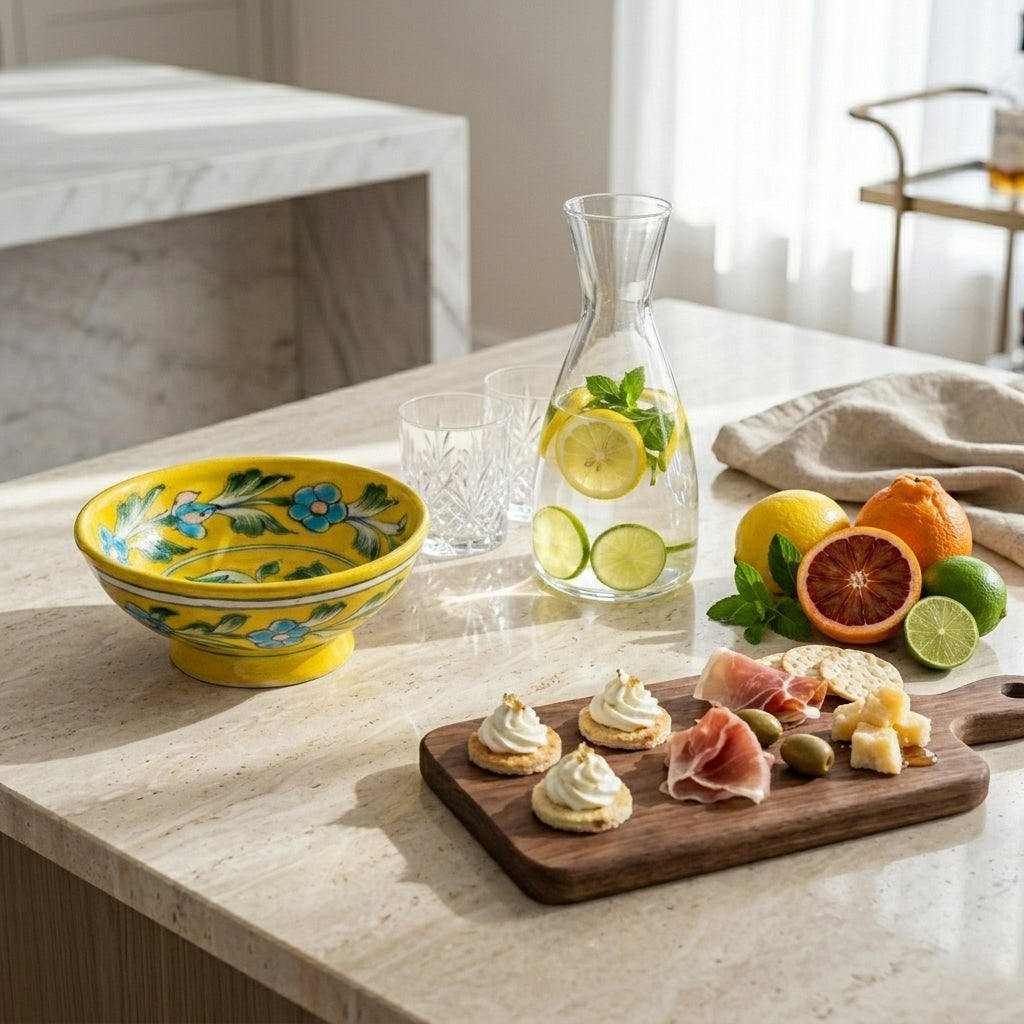 Yellow handcrafted Jaipur Blue Pottery serving bowl styled on a marble table with appetizers in a modern dining setting