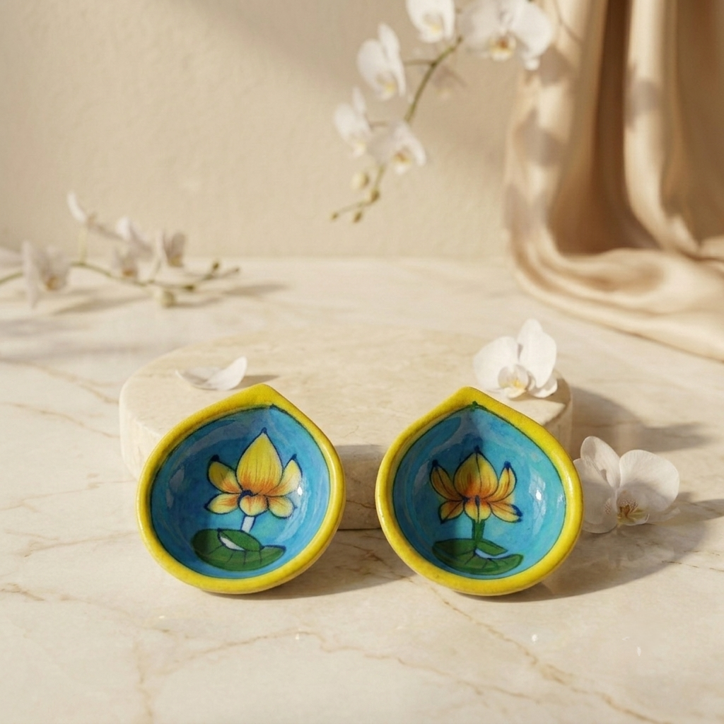 Hand-Painted Turquoise Lotus Diya